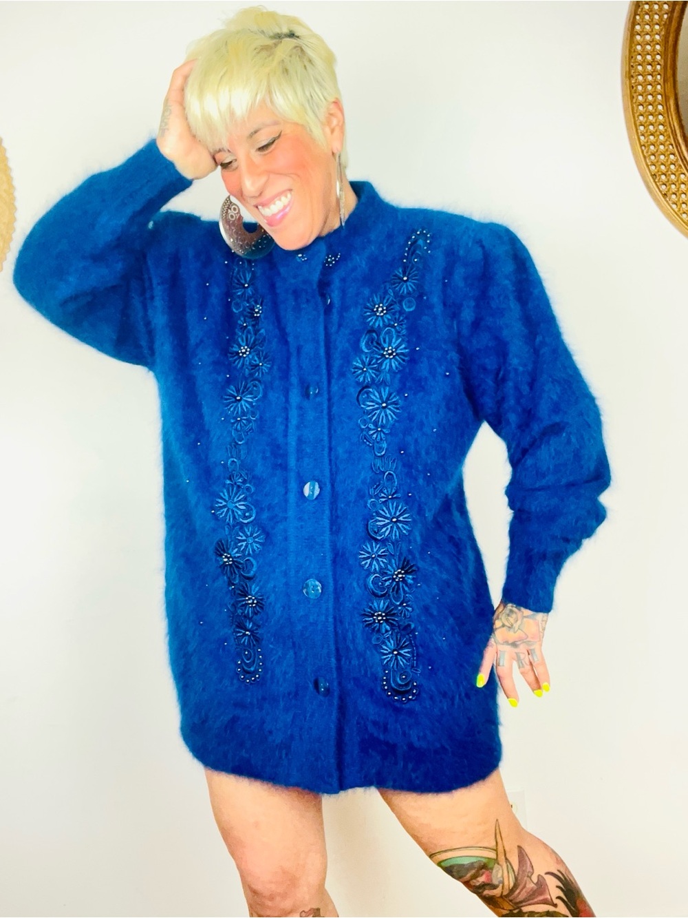 LEE SANDS 1980’s Vintage Blue Floral Embroidered Pearl Angora Women's Jacket XL